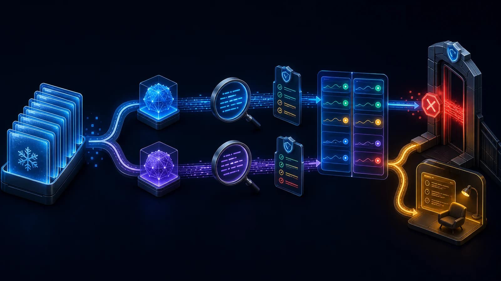 Frozen evaluation cases split into two candidate paths, pass through grading and regression comparison, and reach a blocked release gate with a human-review route