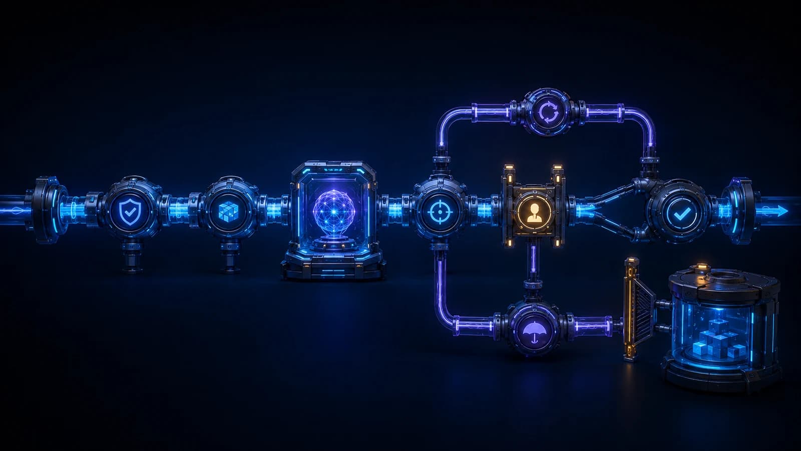A dark technical workflow rail with validation, checkpoints, retry and approval gates surrounding one bounded AI decision chamber before an authorized terminal result