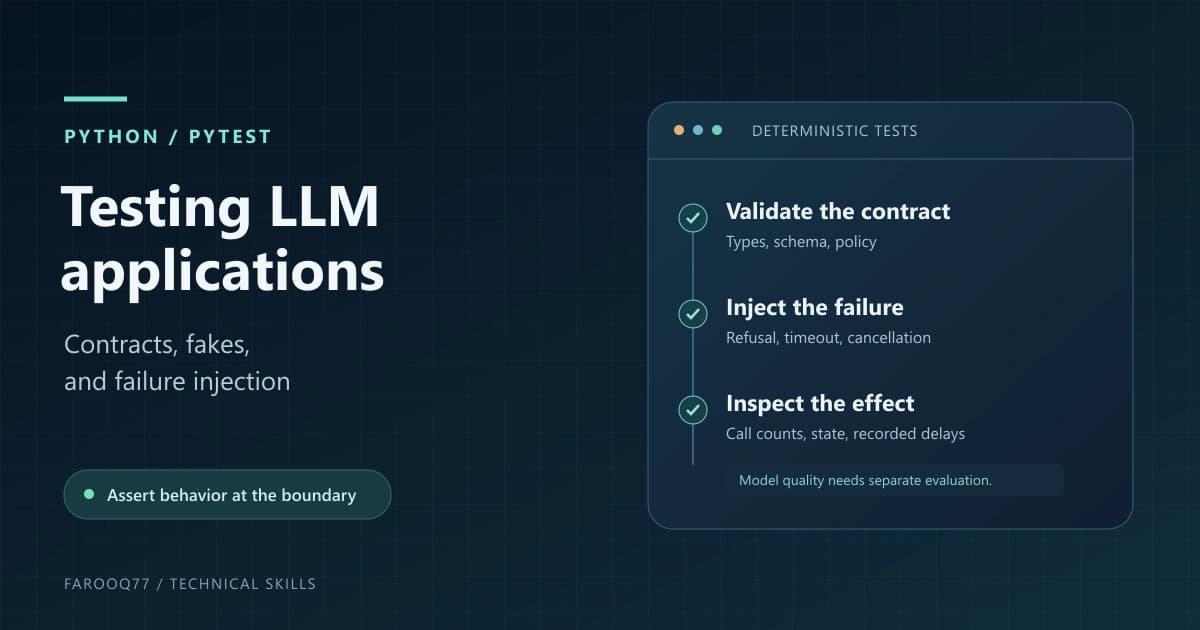 Python LLM application testing with strict contracts, recording fakes, controlled HTTP responses, and blocked external actions