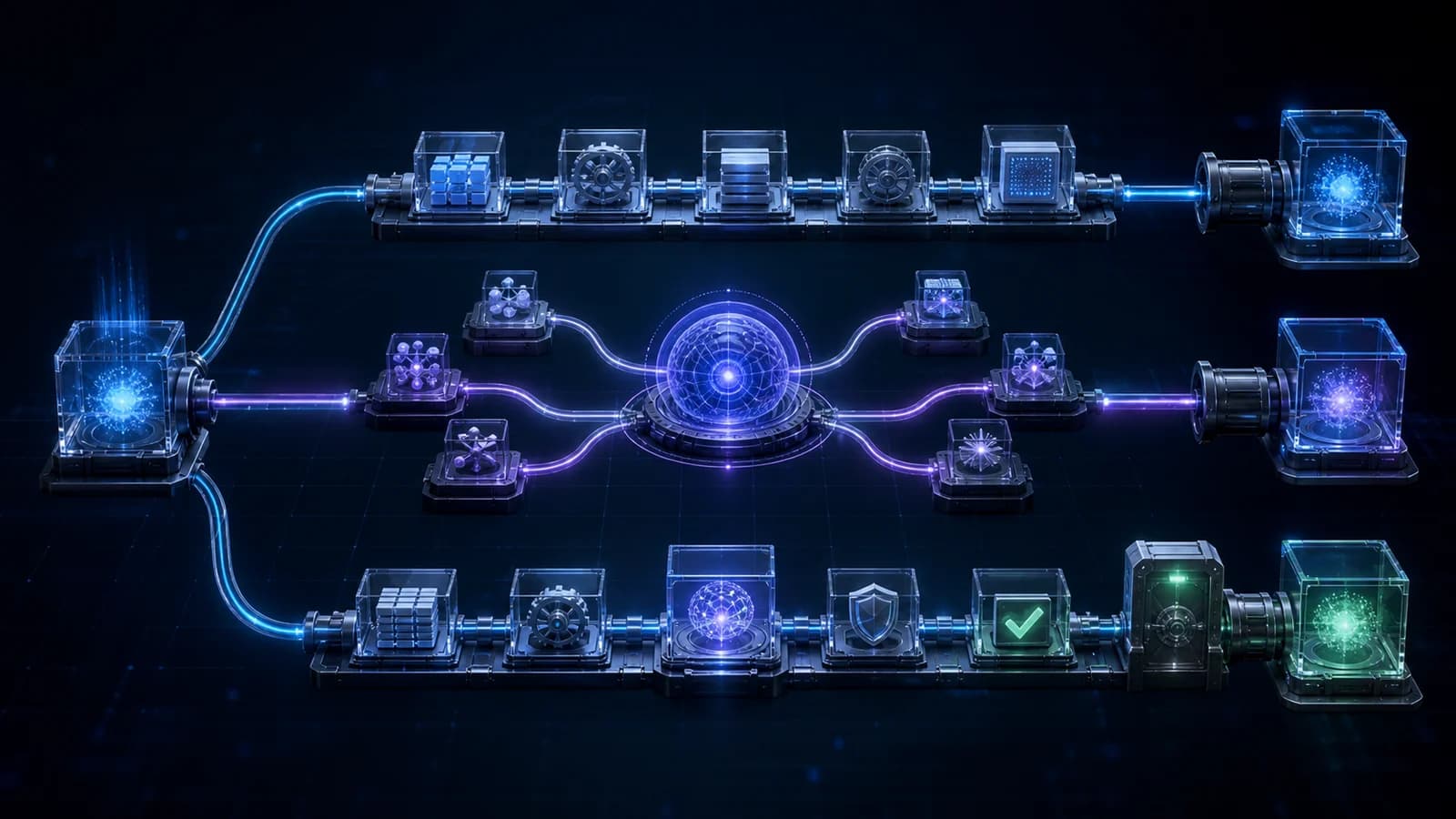 Three connected architecture lanes representing a fixed workflow, an adaptive AI agent, and a controlled hybrid system with validation and approval