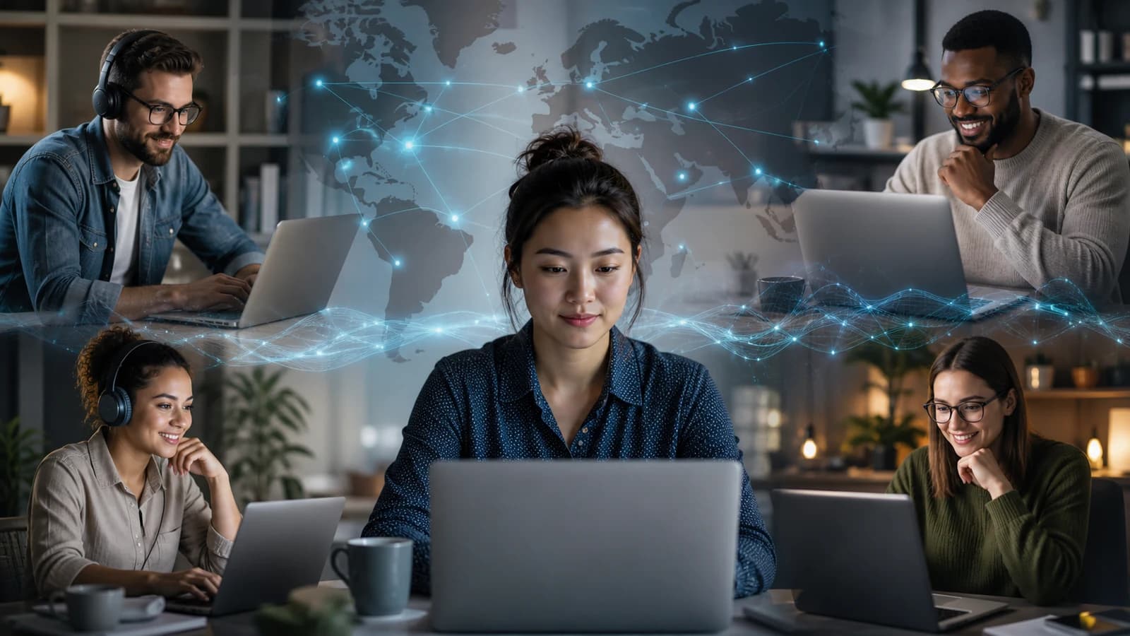 Remote AI professionals collaborating online across a global network