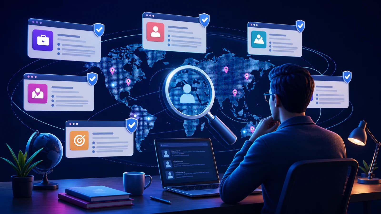 Remote professional comparing verified AI job websites across a global search
