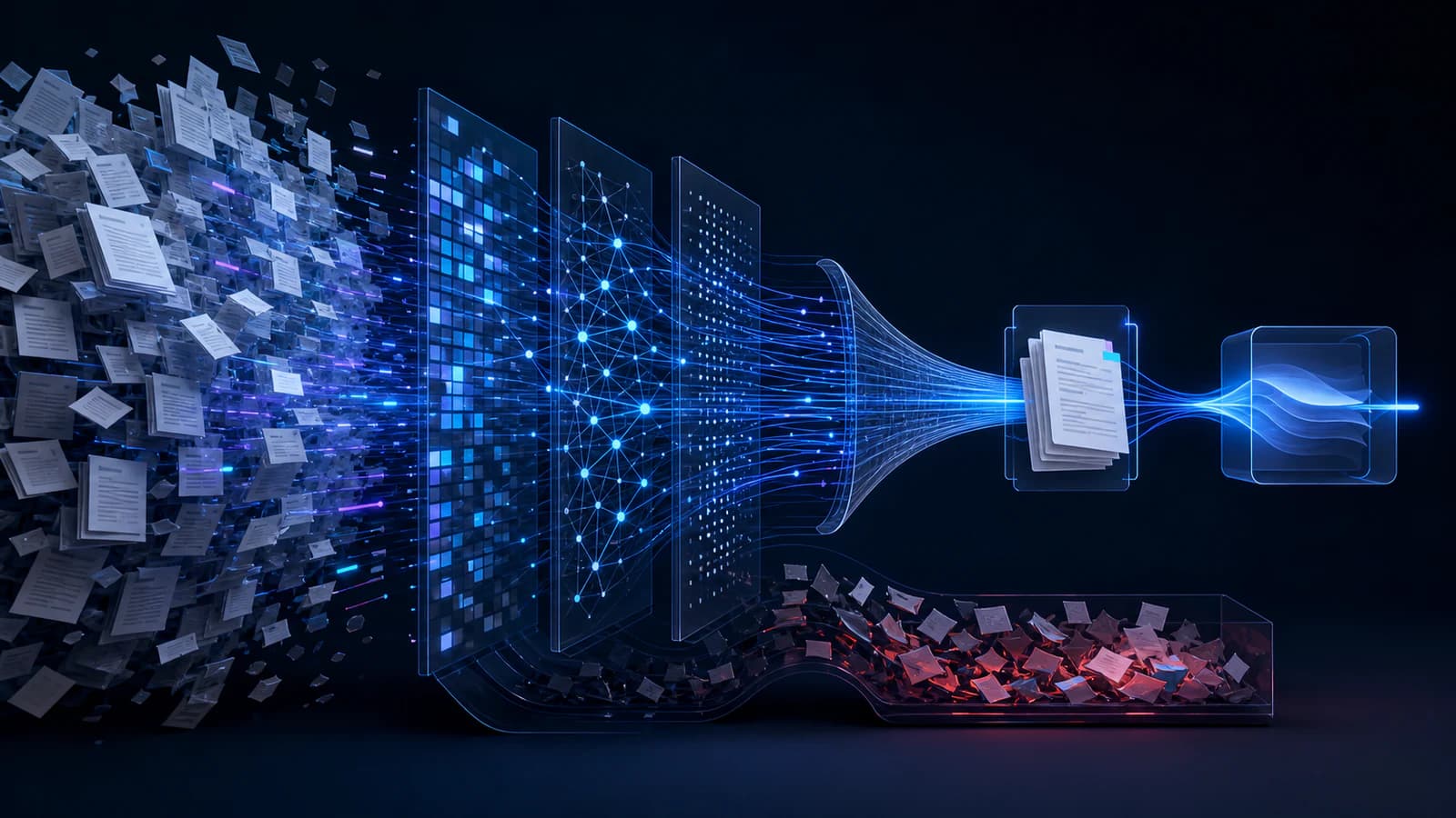 A large document corpus passes through layered retrieval and reranking filters into a small evidence set and bounded response while noisy documents are rejected