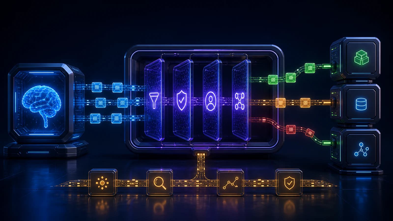 A luminous AI node sends structured action packets through a dominant multi-stage validation gateway toward abstract business systems while a separate audit lane records the accepted flow