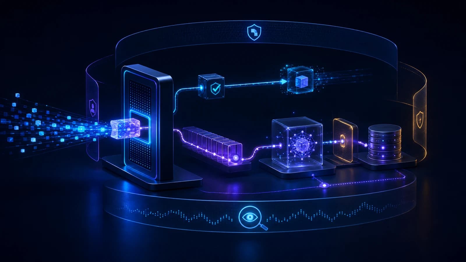 An AI application request entering a secure backend gateway and splitting into a short validated response path and a queued worker path with provider processing, output validation, persistence, and surrounding observability