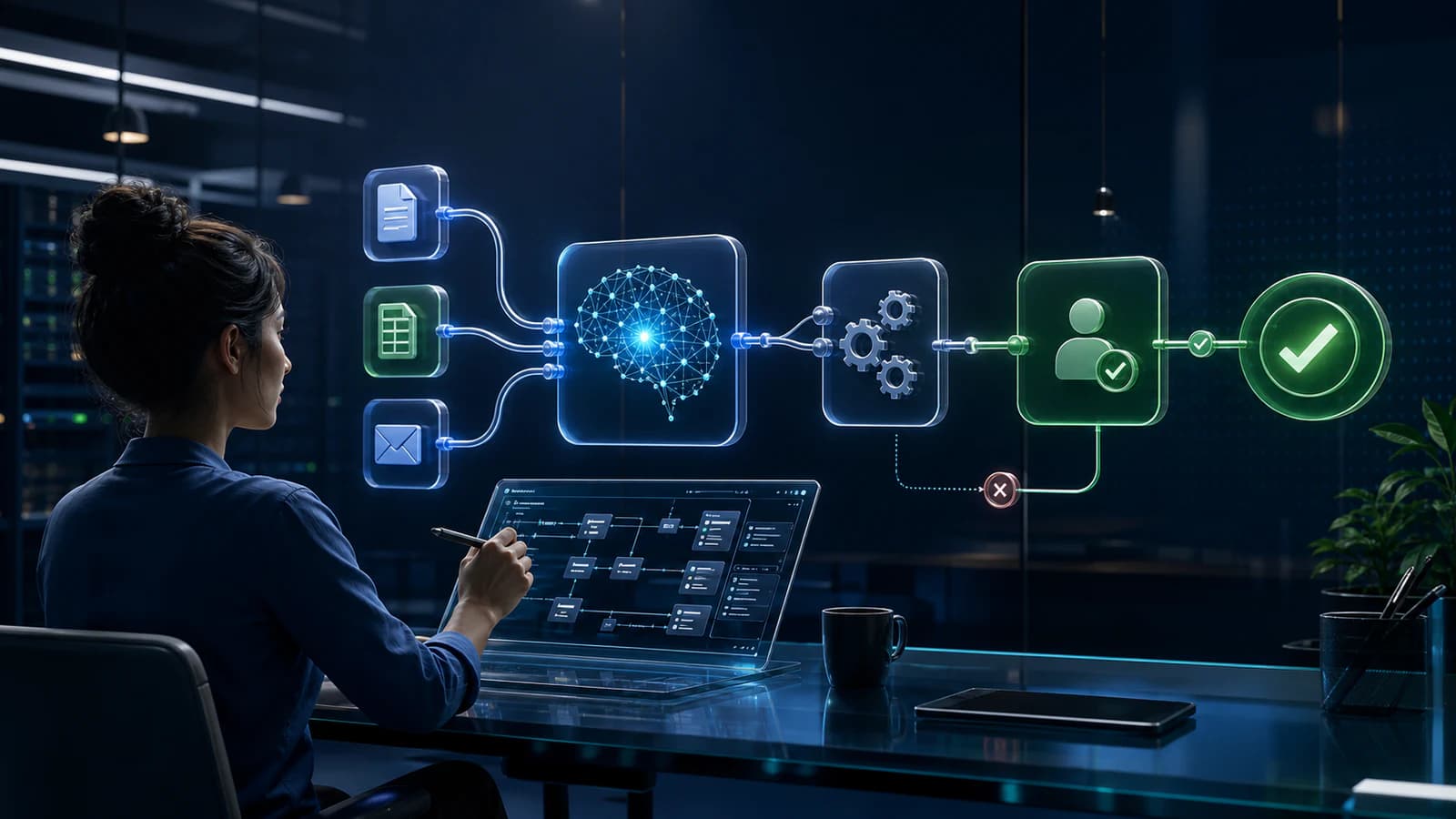 Engineer designing a safe AI automation workflow with human approval