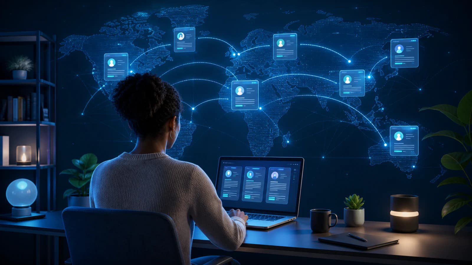 Remote professional reviewing AI career opportunities on a global network