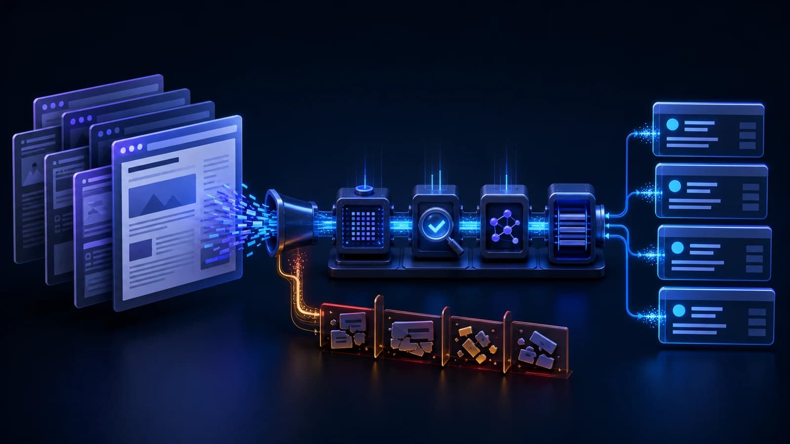 Generic web pages flowing through extraction, validation, normalization, and deduplication stages into clean structured records while malformed and duplicate records enter a separate rejection lane